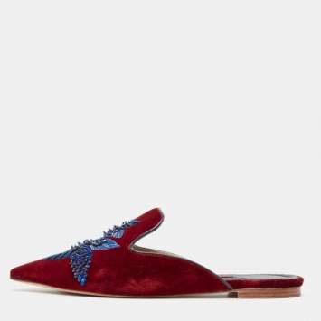 Pre Owned Carolina Herrera Burgundy/Blue Velvet Crystals Embellished Flat Mules Size 38