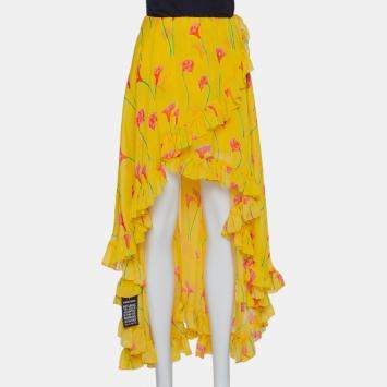 Pre Owned Caroline Constas Yellow Printed Silk Ruffled Asymmetric Hem Adelle Midi Skirt M