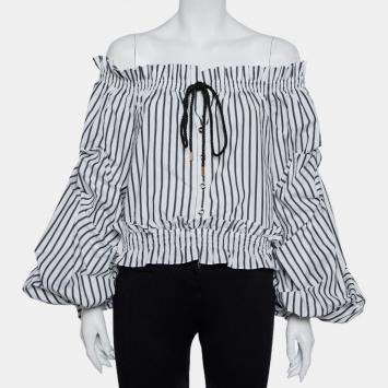 Pre Owned Caroline Constas White Striped Cotton Off Shoulder Ruffled Crop Top XS