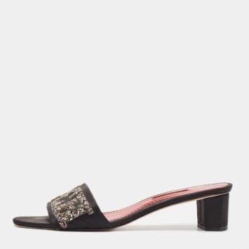 Pre Owned CH Carolina Herrera Black Satin and Glitter Slide Sandals Size 41