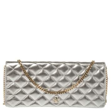Pre Owned Carolina Herrera Metallic Silver Quilted Leather Chain Clutch