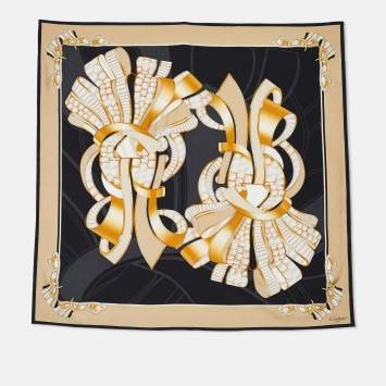 Pre Owned Cartier Beige & Black Printed Silk Square Scarf 