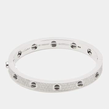 Pre Owned Cartier Love Diamond Paved Ceramic 18k White Gold Bangle Bracelet 16