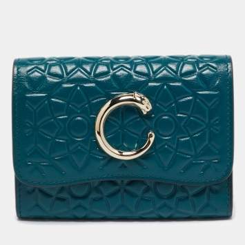 Pre Owned Cartier Teal Green Embossed Leather Panthere De Cartier Card Case