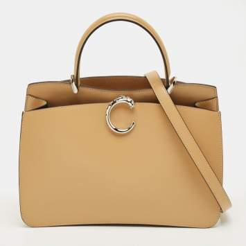 Pre Owned Cartier Camel Leather Small Panthere C De Cartier Top Handle Bag