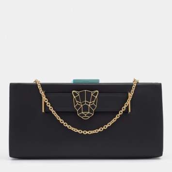 Pre Owned Cartier Black Leather Panthere De Cartier Chain Clutch