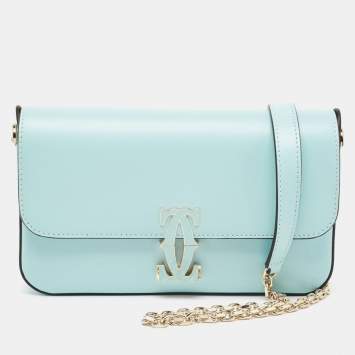 Pre Owned Cartier Baby Blue Leather Mini C De Cartier Chain Bag