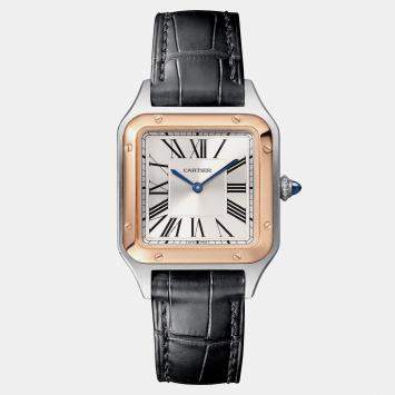 Cartier Silver Brown Leather Stainless Steel 18k Rose Gold Santos Quartz Women's Wristwatch 38mm