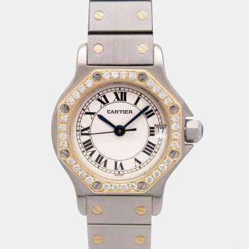 Cartier Santos Octagon 187903 25mm Custom Diamond Bezel Silver Dial T/T 18k Wristwatch