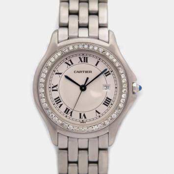 Cartier Cougar 33mm 987904 Silver Dial Custom Diamond Bezel Steel Quartz Wristwatch