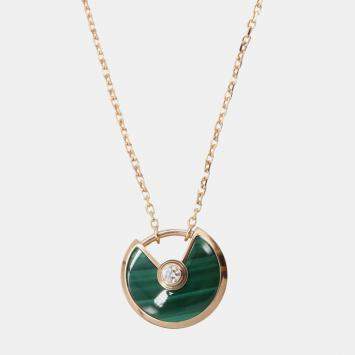 Pre Owned Cartier Amulette De Cartier XS Diamond 18K Rose Gold Malachite Necklace 