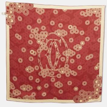 Pre Owned Cartier Red Silk Printed Sqaure Scarf