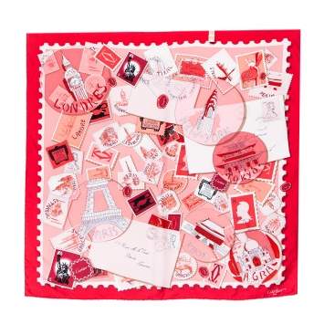 Pre Owned Cartier Red Travel & Stamps Printed Square Silk Scarf