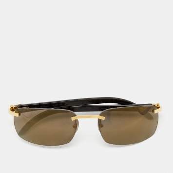 Pre Owned Cartier Gold/Brown 135B Wooden C Décor Rimless Sunglasses