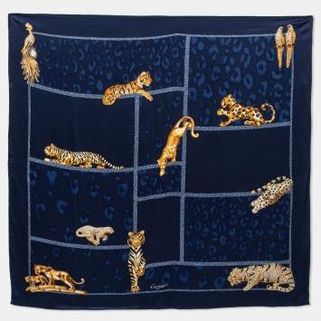 Pre Owned Cartier Blue Panther Printed Square Silk Scarf