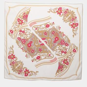 مملوكة مسبقًا Cartier White Floral Boot Silk Square Scarf