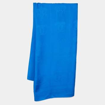 Pre Owned Cartier Must De Cartier Blue Panthere Monogram Wool and Silk Blend Square Scarf
