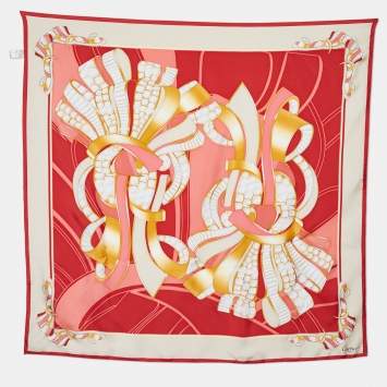 مملوكة مسبقًا Cartier Red & Beige Jewel Printed Silk Square Scarf