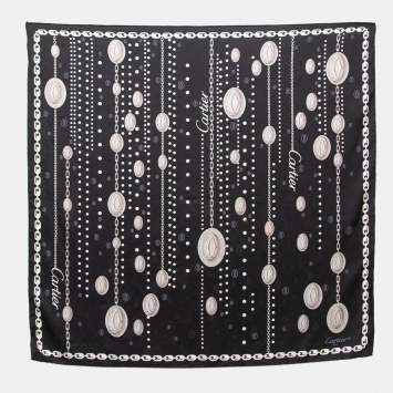 Pre Owned Cartier Black Chain Print Silk Scarf