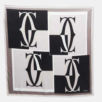 Pre Owned Cartier Black/Grey Logo Print Silk Satin Sqaure Scarf