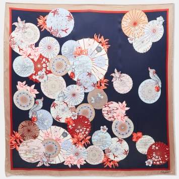 Pre Owned Cartier Navy Blue Floral Printed Silk Square Scarf