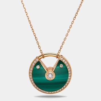 Pre Owned Cartier Amulette De Cartier Diamonds Malachite 18k Rose Gold Long Necklace