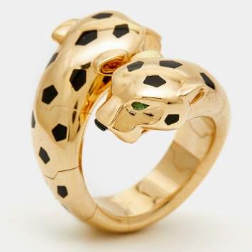 Pre Owned Cartier Panthere De Cartier Articulated Multi Gemstones Lacquer 18k Yellow Gold Ring Size 51