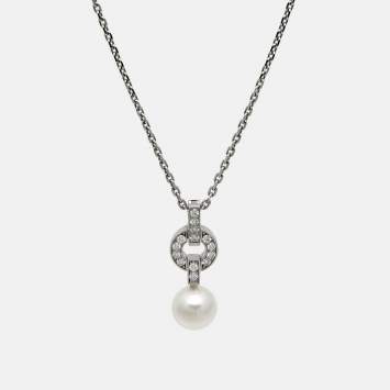 Pre Owned Cartier Himalia Diamonds Cultured Pearl 18k White Gold Pendant Necklace
