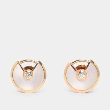 Pre Owned Cartier Amulette De Cartier Mother of Pearl Diamond 18k Yellow Gold Stud Earrings