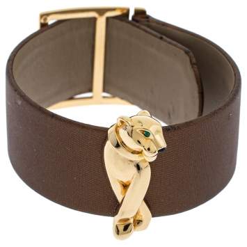 Pre Owned Cartier Panthere De Cartier Tsavorite Onyx 18K Yellow Gold Leather Cuff Bracelet