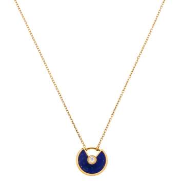 Pre Owned Cartier Amulette De Cartier Diamond Lapis Lazuli 18K Yellow Gold Necklace XS