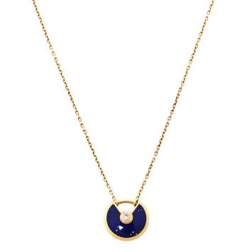 Pre Owned Cartier Amulette De Cartier Lapis Lazuli Diamond 18K Yellow Gold Necklace XS 