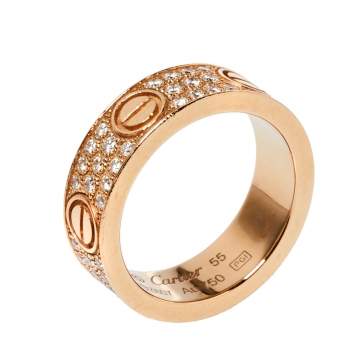 Pre Owned Cartier Love Diamond Paved 18K Rose Gold Ring Size 55