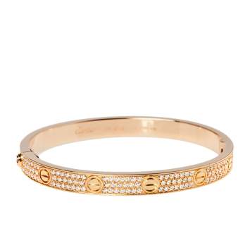 Pre Owned Cartier Love Diamond Paved 18K Rose Gold Bracelet 19