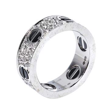 Pre Owned Cartier Love Ceramic Diamond Paved 18K White Gold Ring Size 52