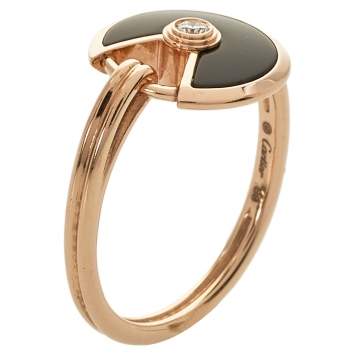 Pre Owned Cartier Amulette de Cartier Diamond Onyx 18K Rose Gold Ring Size 50