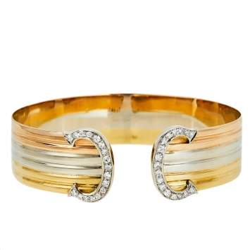 Pre Owned Cartier C de Cartier Vintage Diamond 18K Three Tone Gold Cuff Bracelet