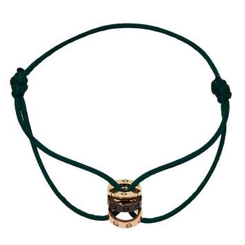 Pre Owned Cartier Love Diamond Ceramic 18K Two Tone Gold 3 Hoops Green Silk Cord Bracelet