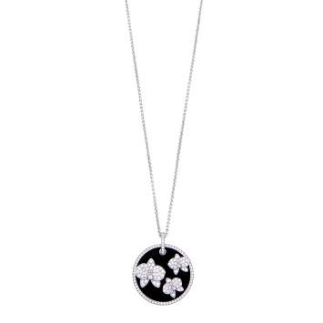 Pre Owned Cartier Caresse D'orchidées Onyx and Diamond 18K White Gold Round Pendant Necklace