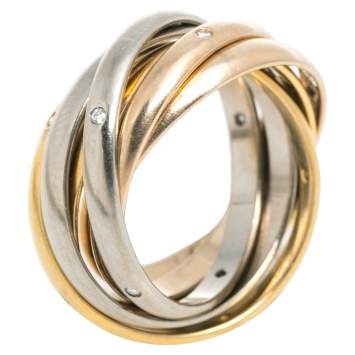 Pre Owned Cartier Trinity Diamond 6 Loop 18K Three Tone Gold Rolling Ring Size 54
