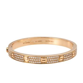 Pre Owned Cartier Love Paved Diamond 18K Rose Gold Cuff Bracelet 16