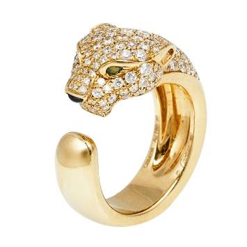 Pre Owned Cartier Panthere De Cartier Diamond Emerald Onyx 18K Yellow Gold Ring Size 50