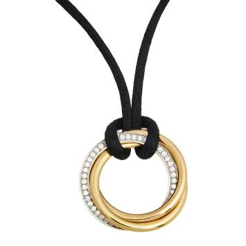 Pre Owned Cartier Trinity Diamond 18K Three Tone Gold  Black Cord Pendant Necklace