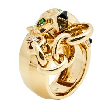 Pre Owned Cartier Panthere Tsavorite Garnet Onyx Diamond Lacquer 18k Yellow Gold Ring Size 59