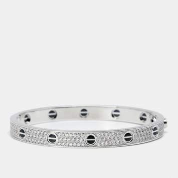 Pre Owned Cartier Love Paved Diamond Black Ceramic 18k White Gold Cuff Bracelet