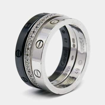 Pre Owned Cartier Love Diamond Ceramic 18K White Gold Set of 3 Band Ring Size 49