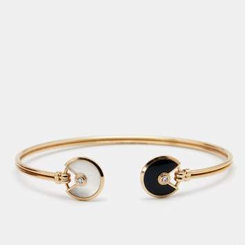 Pre Owned Cartier Amulette De Cartier Onyx Mother of Pearl Diamonds 18k Rose Gold Open Cuff Bracelet 16