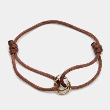 Pre Owned Cartier Trinity 18k Three Tone Gold Adjustable Brown Cord Bracelet