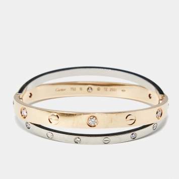 Pre Owned Cartier Love Diamond 18k Two Tone Gold Double Band Bangle Bracelet 16