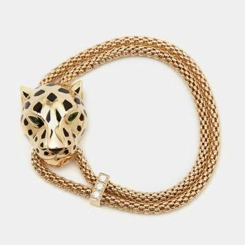 Pre Owned Cartier Panthere de Cartier Diamond Tsavorite Garnet Onyx 18k Yellow Gold Bracelet